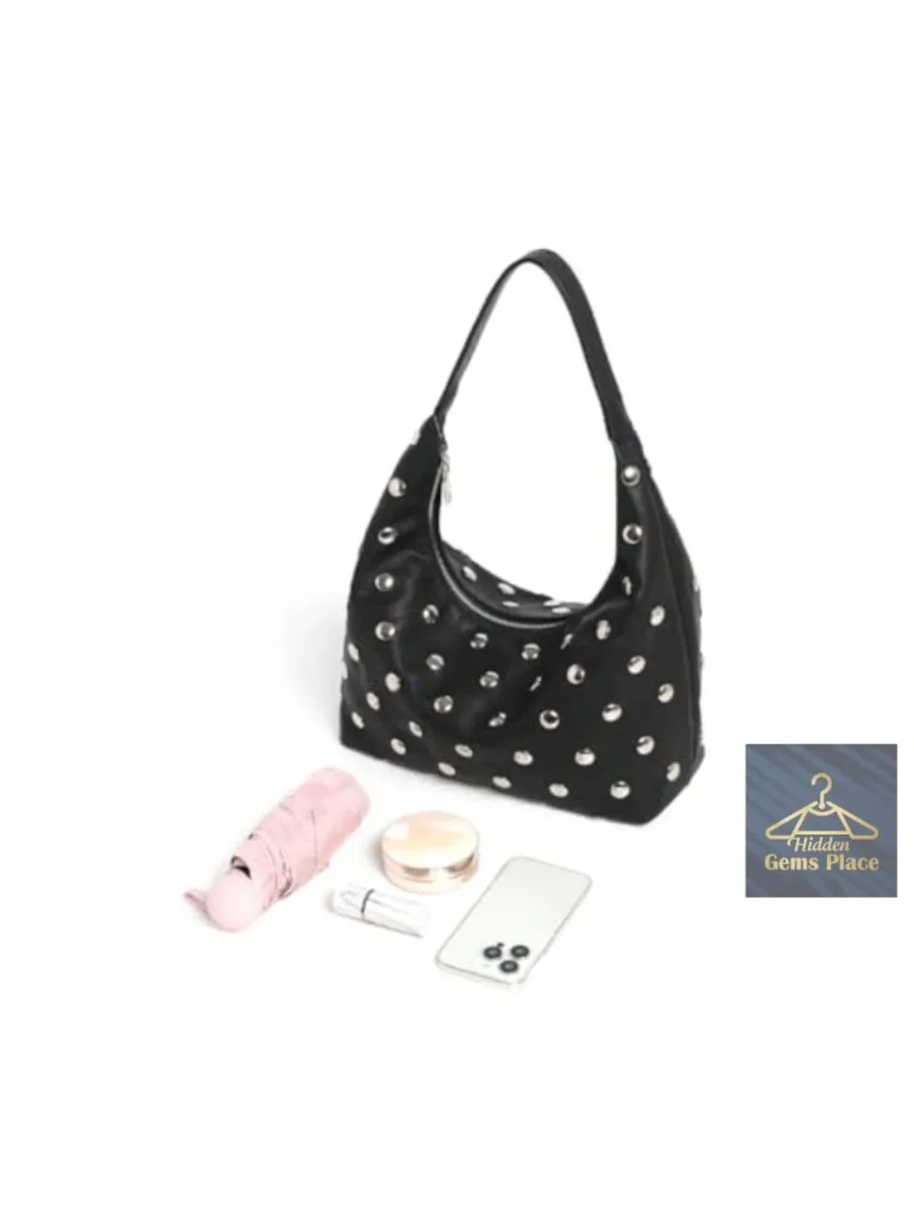 Studded Hobo Bag Vegan Leather Shoulder Handbag Slouchy Tote Purse